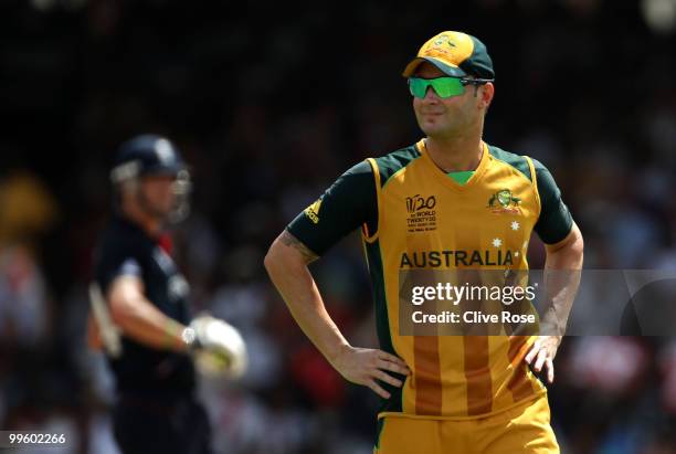 Michael Clarke of Australia reacts during the final of the ICC World Twenty20 between Australia and England at the Kensington Oval on May 16, 2010 in...