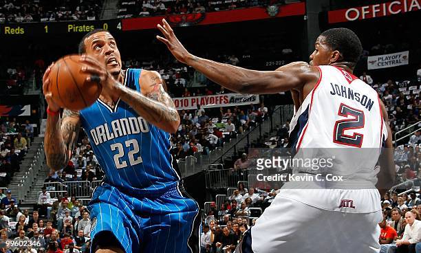 Matt Barnes of the Orlando Magic against Joe Johnson of the Atlanta Hawks during Game Four of the Eastern Conference Semifinals of the 2010 NBA...