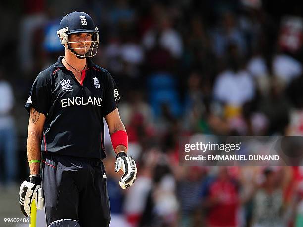 English batsman Kevin Pietersen smiles after a boundary shot during the Men's ICC World Twenty20 final match between Australia and England at the...