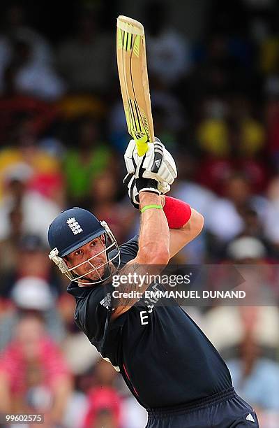 English batsman Kevin Pietersen plays a shot during the Men's ICC World Twenty20 final match between Australia and England at the Kensington Oval...