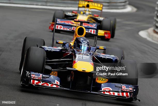 Sebastian Vettel of Germany and Red Bull Racing drives during the Monaco Formula One Grand Prix at the Monte Carlo Circuit on May 16, 2010 in Monte...