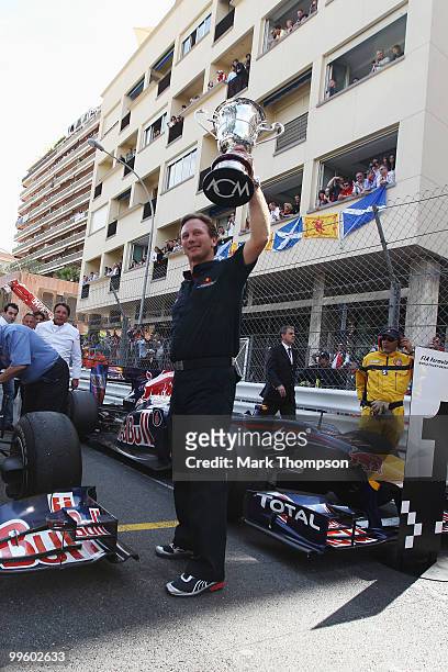 Red Bull Racing Team Principal Christian Horner celebrate with the winning constructors trophy following the Monaco Formula One Grand Prix at the...