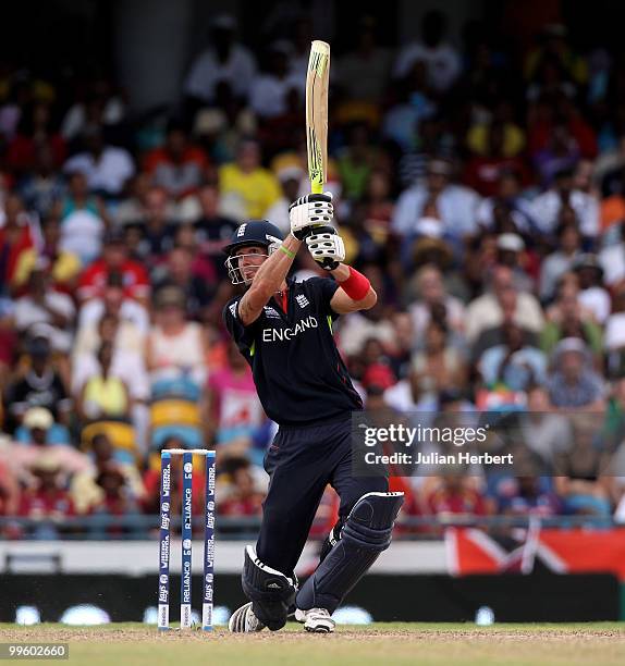 Kevin Pietersen of England scores runs during the final of the ICC World Twenty20 between Australia and England played at the Kensington Oval on May...
