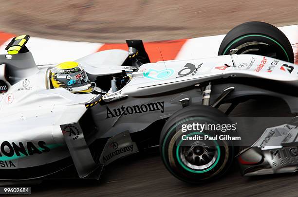 Nico Rosberg of Germany and Mercedes GP drives during the Monaco Formula One Grand Prix at the Monte Carlo Circuit on May 16, 2010 in Monte Carlo,...