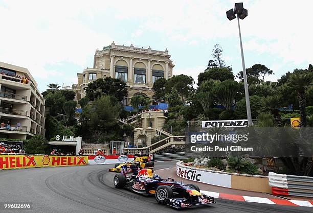 Sebastian Vettel of Germany and Red Bull Racing drives during the Monaco Formula One Grand Prix at the Monte Carlo Circuit on May 16, 2010 in Monte...