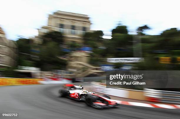 Lewis Hamilton of Great Britain and McLaren Mercedes drives during the Monaco Formula One Grand Prix at the Monte Carlo Circuit on May 16, 2010 in...