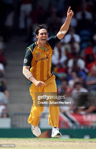 Mitchell Johnson of Australia celebrates the wicket of Craig Kieswetter during the final of the ICC World Twenty20 between Australia and England...