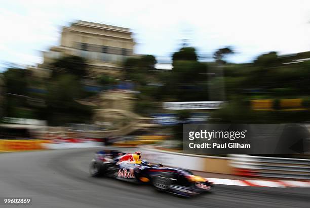Sebastian Vettel of Germany and Red Bull Racing drives during the Monaco Formula One Grand Prix at the Monte Carlo Circuit on May 16, 2010 in Monte...