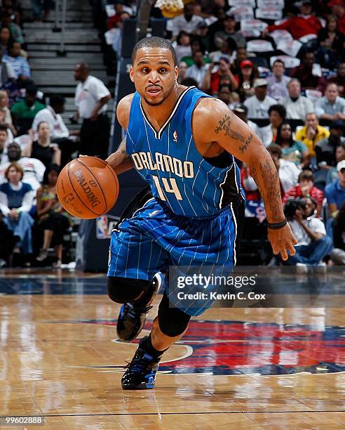 Jameer Nelson of the Orlando Magic against the Atlanta Hawks during Game Four of the Eastern Conference Semifinals of the 2010 NBA Playoffs at...