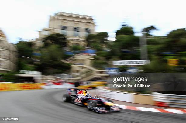 Sebastian Vettel of Germany and Red Bull Racing drives during the Monaco Formula One Grand Prix at the Monte Carlo Circuit on May 16, 2010 in Monte...