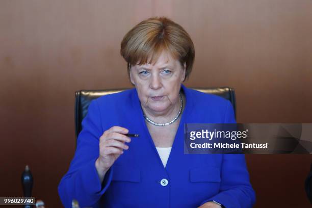 German Chancellor Angela Merkel arrives for the weekly cabinet meeting in the German Chancellory on July 11, 2018 in Berlin, Germany.