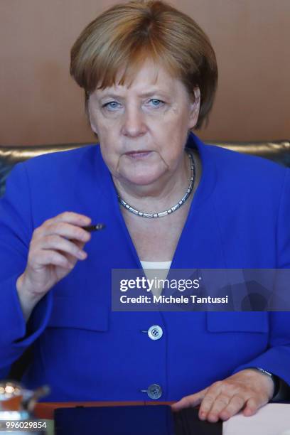 German Chancellor Angela Merkel arrives for the weekly cabinet meeting in the German Chancellory on July 11, 2018 in Berlin, Germany.