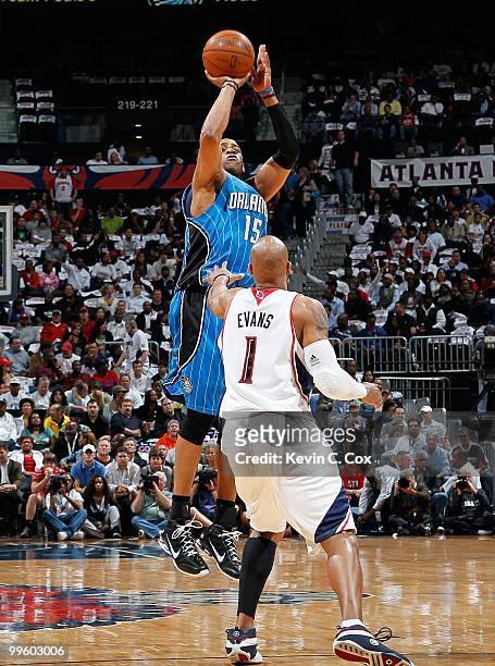 Vince Carter of the Orlando Magic against Maurice Evans of the Atlanta Hawks during Game Four of the Eastern Conference Semifinals of the 2010 NBA...
