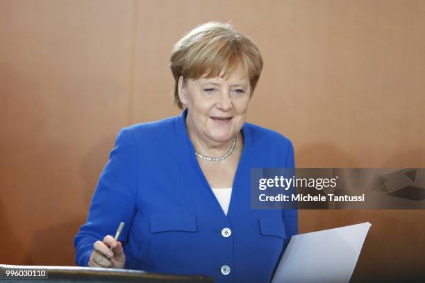 German Chancellor Angela Merkel arrives for the weekly cabinet meeting in the German Chancellory on July 11, 2018 in Berlin, Germany.