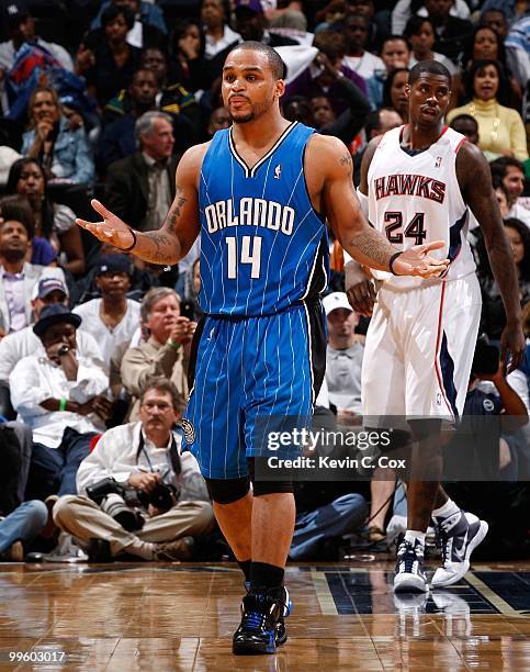 Jameer Nelson of the Orlando Magic against the Atlanta Hawks during Game Four of the Eastern Conference Semifinals of the 2010 NBA Playoffs at...