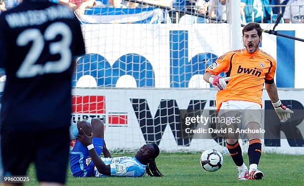 Real Madrid goalkeeper Iker Casillas in action during the La Liga match between Malaga and Real Madrid at La Rosaleda Stadium on May 16, 2010 in...