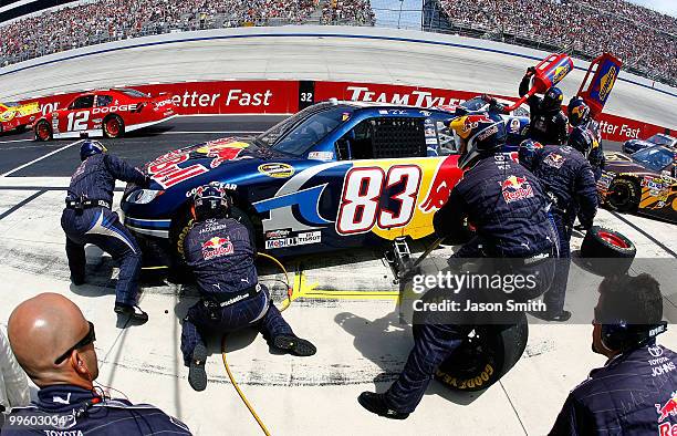 Casey Mears, driver of the Red Bull Toyota, pits during the NASCAR Sprint Cup Series Autism Speaks 400 at Dover International Speedway on May 16,...