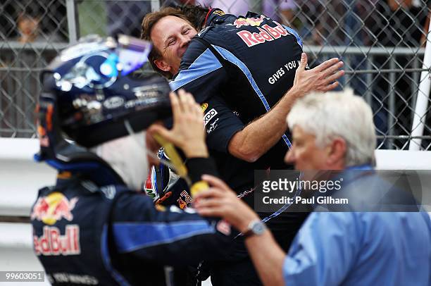 Race winner Mark Webber of Australia and Red Bull Racing celebrates with his Team Principal Christian Horner following the Monaco Formula One Grand...
