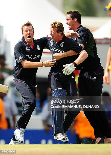 English captain Paul Collingwood , Kevin Pietersen and Graeme Swann celebrate as England won the Men's ICC World Twenty20 final match between...