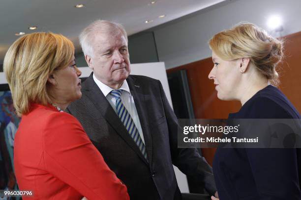 Food and Agriculture Minister: Julia Kloeckner , Interior Minister, Horst Seehofer and Family Minister, Franziska Giffey chat as they arrive for the...