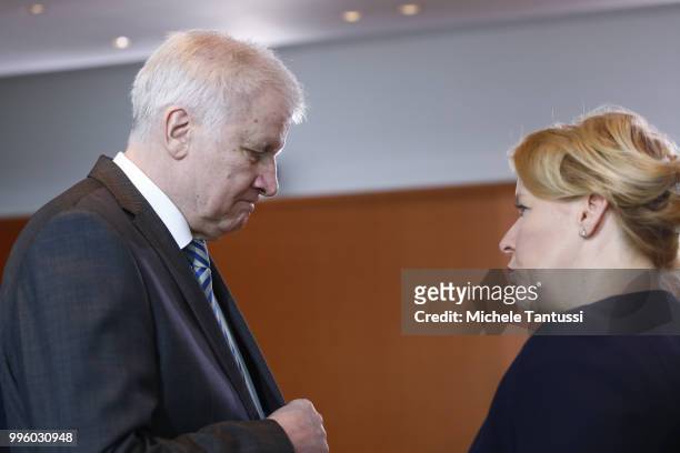 Interior Minister, Horst Seehofer and Family Minister, Franziska Giffey chat as they arrive for the weekly cabinet meeting in the German Chancellory...