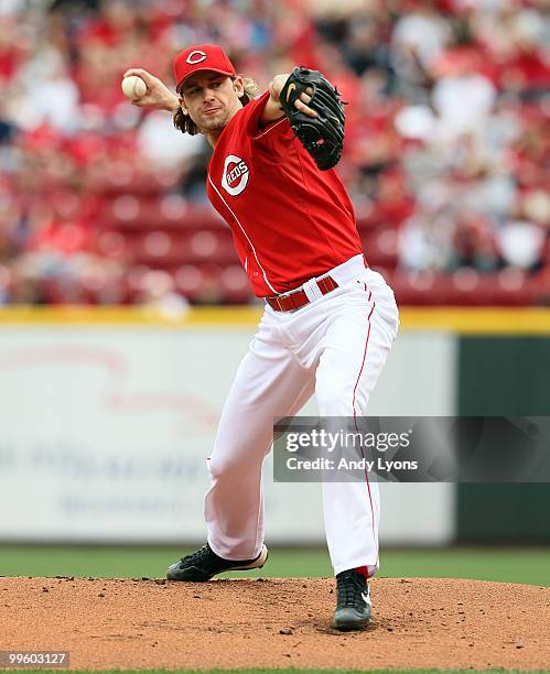 Bronson Arroyo of the Cincinnati Reds throws a pitch during the game against the St. Louis Cardinals at Great American Ball Park on May 16, 2010 in...