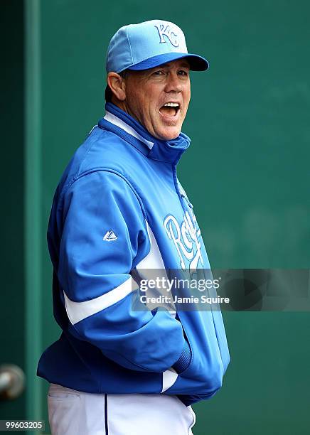 Manager Ned Yost of the Kansas City Royals looks on from the dugout during the game against the Chicago White Sox on May 16, 2010 at Kauffman Stadium...