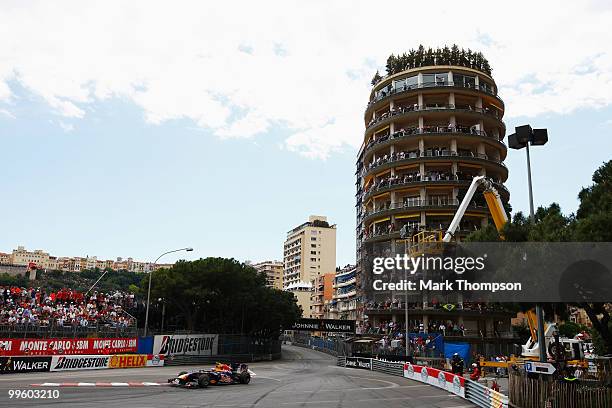 Mark Webber of Australia and Red Bull Racing drives on his way to winning the Monaco Formula One Grand Prix at the Monte Carlo Circuit on May 16,...