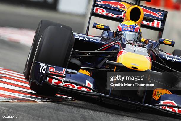 Mark Webber of Australia and Red Bull Racing drives on his way to winning the Monaco Formula One Grand Prix at the Monte Carlo Circuit on May 16,...