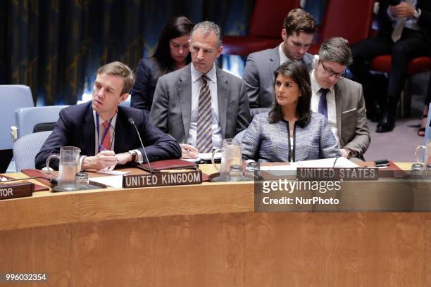 United Nations, New York, USA, July 10 2018 - Nikki R. Haley, United States Permanent Representative to the UN and her Deputy Representative Jonathan...