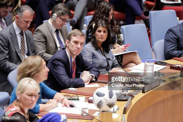 United Nations, New York, USA, July 10 2018 - Nikki R. Haley, United States Permanent Representative to the UN, During the Security Council meeting...