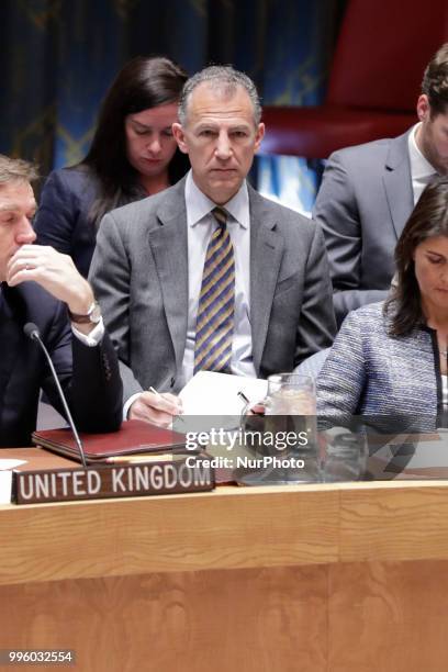 United Nations, New York, USA, July 10 2018 - Nikki R. Haley, United States Permanent Representative to the UN and her Deputy Representative Jonathan...