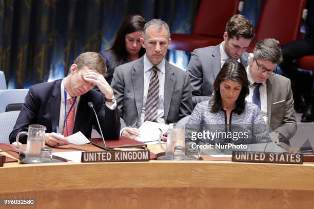 United Nations, New York, USA, July 10 2018 - Nikki R. Haley, United States Permanent Representative to the UN and her Deputy Representative Jonathan...