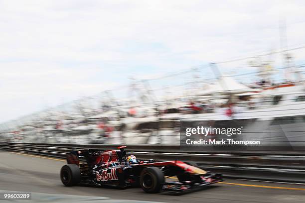 Sebastien Buemi of Switzerland and Scuderia Toro Rosso drives during the Monaco Formula One Grand Prix at the Monte Carlo Circuit on May 16, 2010 in...