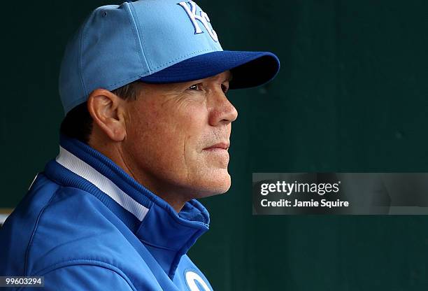 Manager Ned Yost of the Kansas City Royals looks on from the dugout during the game against the Chicago White Sox on May 16, 2010 at Kauffman Stadium...