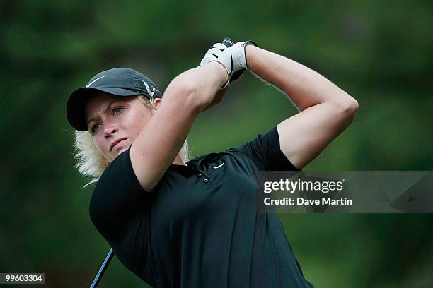 Suzann Pettersen of Norway watches her drive from the third tee during final round play in the Bell Micro LPGA Classic at the Magnolia Grove Golf...