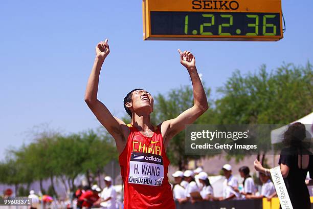 Hao Wang of China celebrates winning the mens 20 Km Walking race competition at the IAAF World Race Walking Cup Chihuahua 2010 at Deportiva Sur...