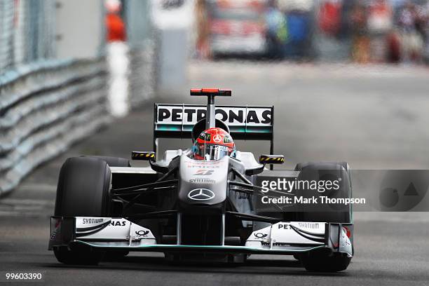 Michael Schumacher of Germany and Mercedes GP drives during the Monaco Formula One Grand Prix at the Monte Carlo Circuit on May 16, 2010 in Monte...