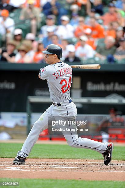 Grady Sizemore of the Cleveland Indians hits a single in the third inning against the Baltimore Orioles at Camden Yards on May 16, 2010 in Baltimore,...