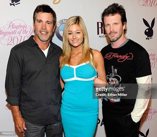 Comedian Cort McCown, June 2010 Playboy Playmate of the Month Katie Vernola and comedian Paul Hughes arrive at a party to introduce model Hope...