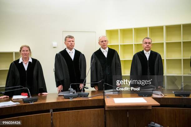The judges arrive at Oberlandesgericht courthouse on the day judges are to announce their verdict in the marathon NSU neo-Nazi murder trial on July...