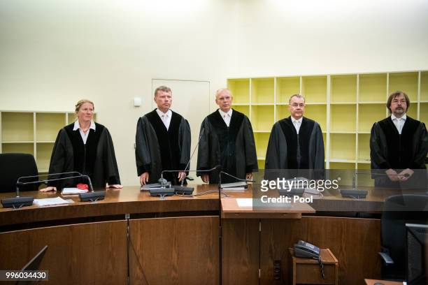 The judges arrive at Oberlandesgericht courthouse on the day judges are to announce their verdict in the marathon NSU neo-Nazi murder trial on July...