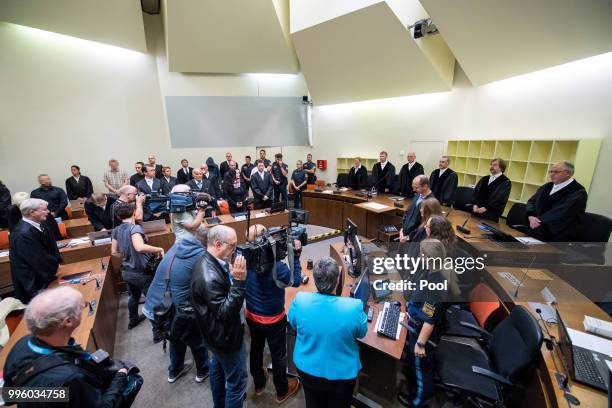 Defendant Beate Zschaepe, co-defendants and legal teams wait at Oberlandesgericht courthouse on the day judges are to announce their verdict in the...