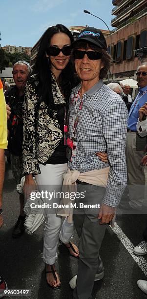 Wren Scott and Mick Jagger on the grid ahead of the Monaco F1 race, May 16, 2010 in Monte Carlo, Monaco.