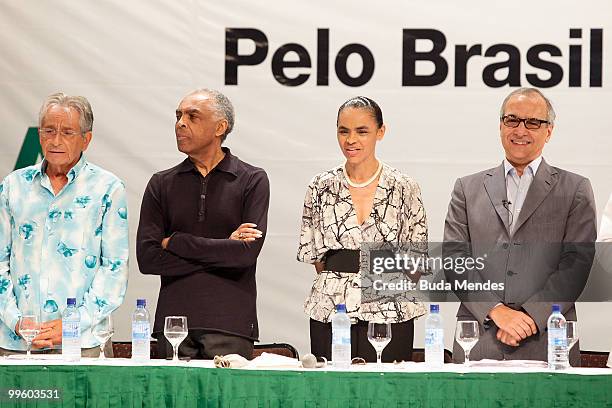 Fernando Gabeira, Gilberto Gil, PV Pre-Candidate Marina Silva and pre-candidate for vice president Guilherme Leal during a conference to launch...