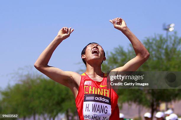 Hao Wang of China celebrates winning the mens 20 Km Walking race competition at the IAAF World Race Walking Cup Chihuahua 2010 at Deportiva Sur...