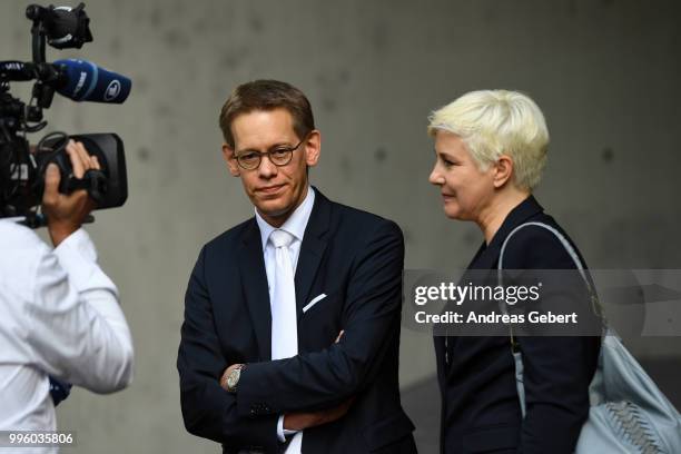 Wolfgang Heer and Anja Sturm, lawyers of defendant Beate Zschaepe stand outside the Oberlandesgericht courthouse on the day judges are to announce...