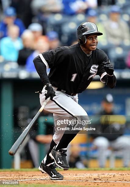 Juan Pierre of the Chicago White Sox runs toward first after a hit during the game against the Kansas City Royals on May 16, 2010 at Kauffman Stadium...