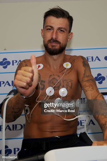 Lazio new signing Francesco Acerbi attends medical tests on July 11, 2018 in Rome, Italy.
