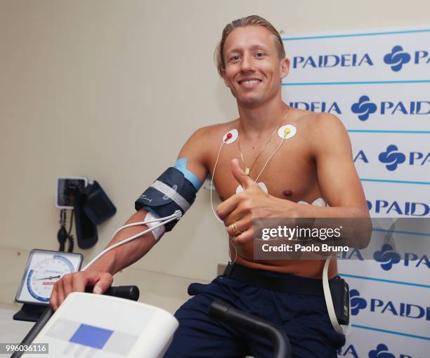 Lucas Leiva of SS Lazio attends the medical tests on July 11, 2018 in Rome, Italy.